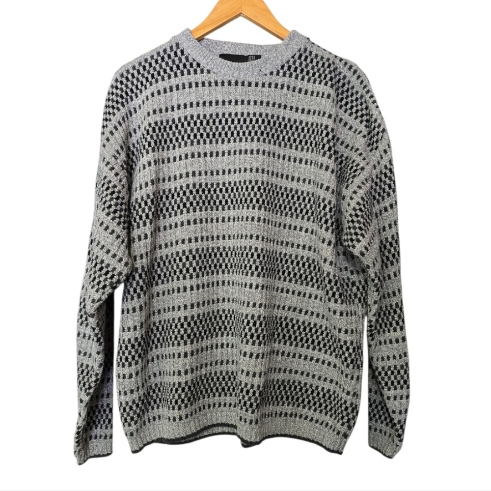 Vintage Bill Blass Grandpa Sweater XL Black/  Gray Geometric Hand Framed USA